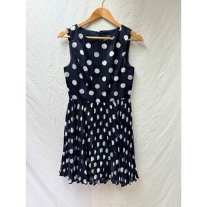 Adrianna Papell Navy Blue White Polka Dot Pleated Fit Flare Dress Size 4